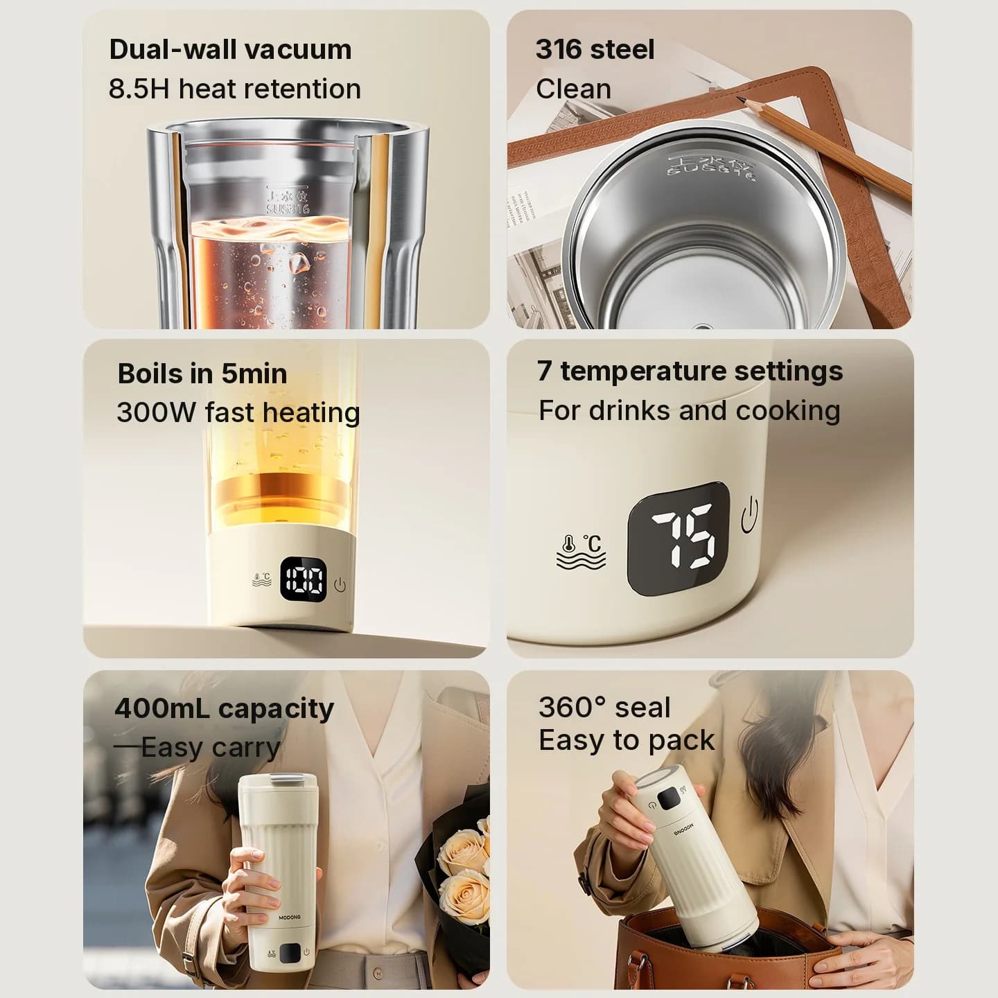 كوب تسخين كهربائي محمول، 400mL، 7 إعدادات للحرارة