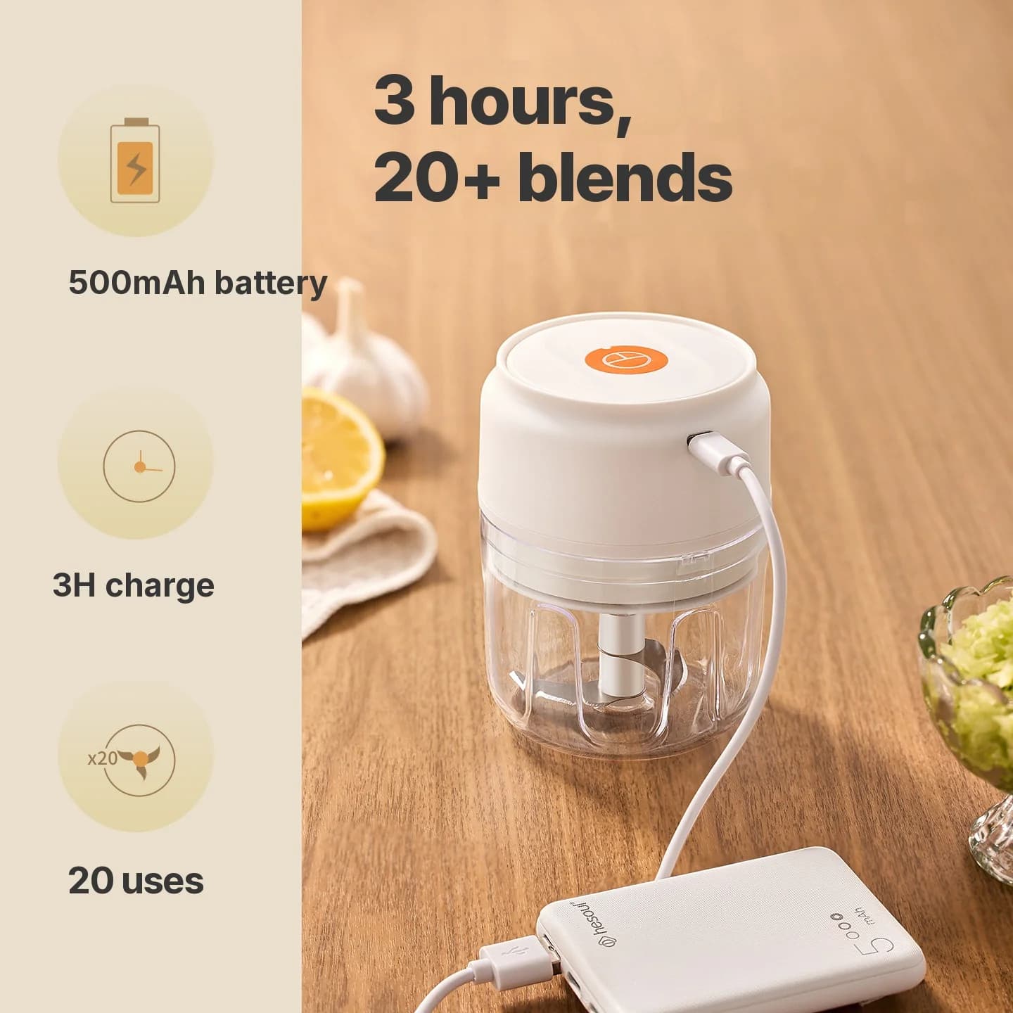كوب مفرمة ثوم كهربائية لاسلكية 250mL 5V 30W بلاستيك