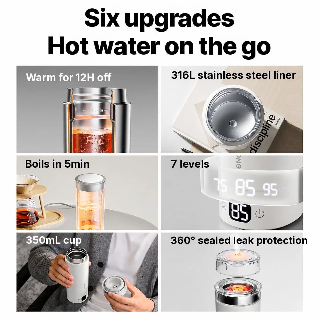 كوب تسخين ماء كهربائي محمول 350ml من الفولاذ المقاوم للصدأ 316L